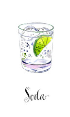 Soda glass with citrus segment and ice cubes