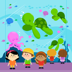 Children visiting the oceanarium. Vector illustration