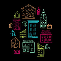 Fototapeta premium Set of doodle houses, hand-drawn sketch house, cute colorful background, EPS 8