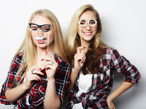 two stylish sexy hipster girls best friends ready for party