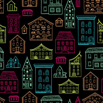Seamless hand-drawn pattern, cute colorful background with houses, multicolored nice buildings, good for design fabric, wrapping paper, print design, postcards, EPS 8