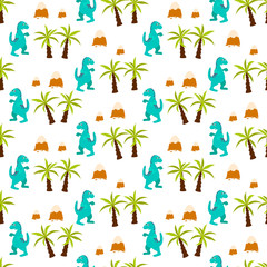 Fototapeta na wymiar Dinosaur kid seamless vector pattern for textile print. Green and blue happy cartoon dino reptile with jungle trees on white. Baby fabric pattern.