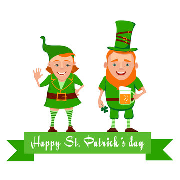 Vector illustration of two happy leprechauns. Cartoon the leprechauns greet and smile. Vector characters for St. Patrick's day. Elf leprechaun patrick and leprechaun girl for your design