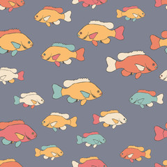 Vector seamless hand-drawn pattern. Marine theme. Sea fish.