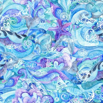 Blue Watercolor Abstract Marine Pattern