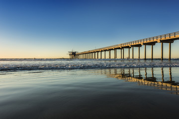 Fototapeta na wymiar Wide angle shot of Scripps Pier with reflection during sunset in La Jolla, San Diego, California