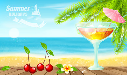 Summer cocktails on sea beach.Summer holiday vacation travel background.