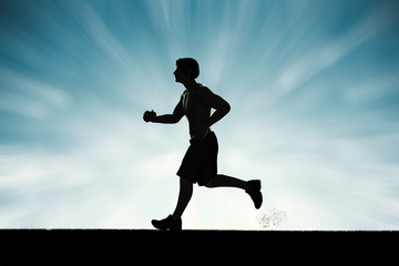 silhouette man running on blue background