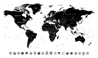 Fototapeta premium Czarna mapa świata i ikony Globe - ilustracja Bardzo szczegółowe ilustracji wektorowych czarny mapy świata.