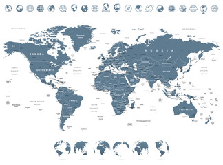 Fototapeta premium Grayscale World Map and Globe Icons - illustrationHighly detailed vector illustration of world map.