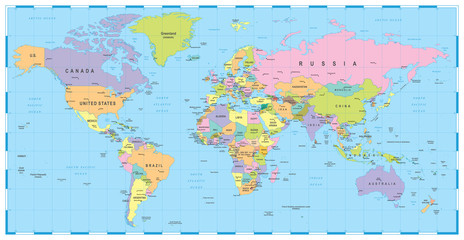 Fototapeta premium Colored World Map - borders, countries and cities - illustrationHighly detailed colored vector illustration of world map.
