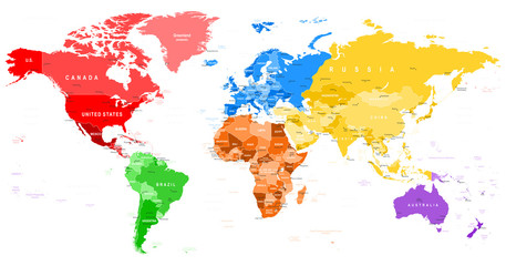 Naklejka premium Colored World Map - borders, countries and cities - illustrationHighly detailed colored vector illustration of world map. 