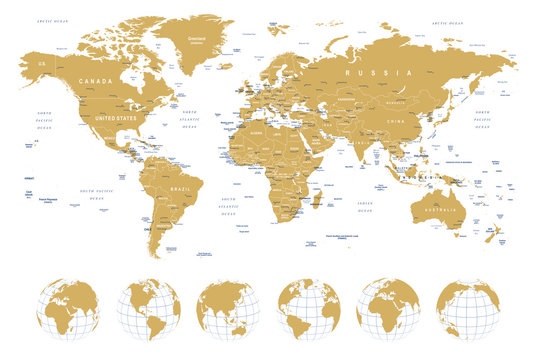 Golden World Map - borders, countries, cities and globes - illustration


Highly detailed vector illustration of world map.