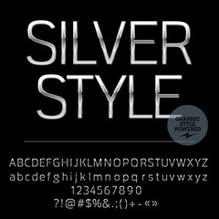 Vector set of elegant silver alphabet letters, numbers and punctuation symbols. Compact normal style