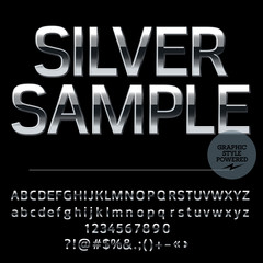 Vector set of elite silver alphabet letters, numbers and punctuation symbols. Compact bold style