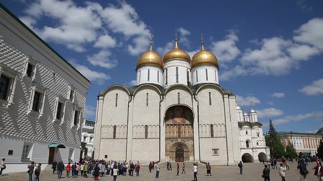 Tourists in the Moscow Kremlin at Cathedral square, Moscow, Russia