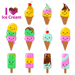 Set of Vector illustration of cartoon funny ice creams with happy smiling faces for kids designs and decorations, isolated on white