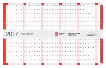 Yearly Wall Calendar Planner Template for 2017 Year. Vector Design Print Template. Week Starts Sunday