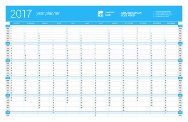 Yearly Wall Calendar Planner Template for 2017 Year. Vector Design Print Template. Week Starts Sunday