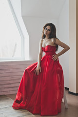Portrait of a girl in a long red evening dress 6023.