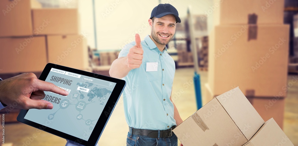 Poster composite image of man using tablet pc