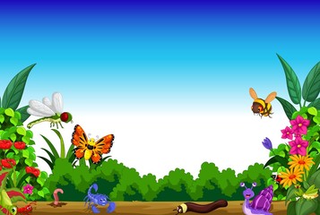 funny butterfly and insect with forest landscape background
