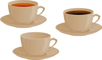 Cup of tea, a Cup of coffee and an empty Cup.