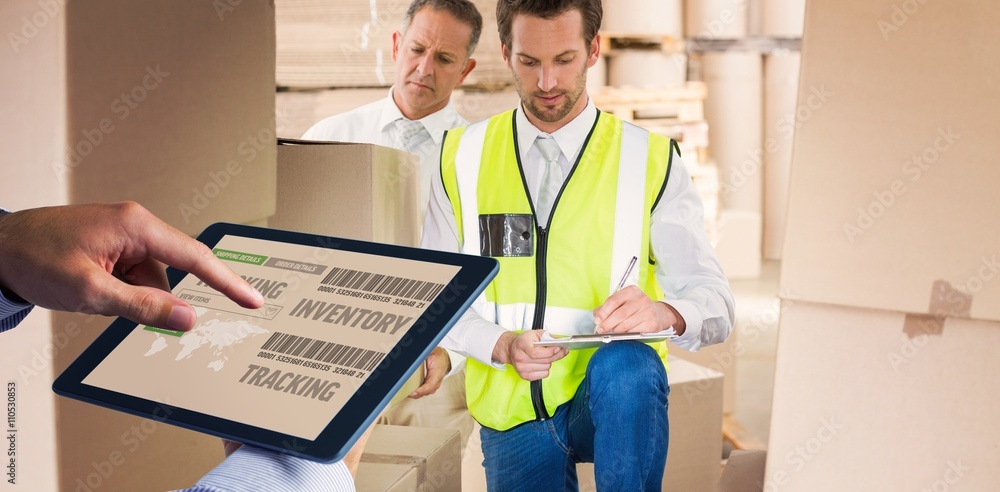 Poster composite image of man using tablet pc