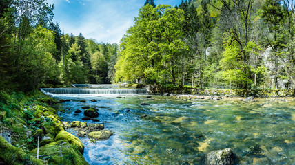 
Areuse, Fluss im Neuenburger Jura, Schweiz, Panorama  - obrazy, fototapety, plakaty