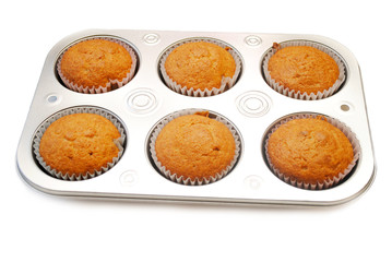 Corn Muffins Cooling in a Baking Tin Isolated Over White