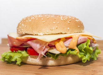 Panino con mortadella,formaggio, pomodoro e insalata su tagliere di legno