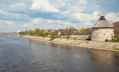 Ancient tower of the Kremlin in the old Russian city of Pskov