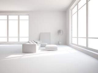 white interior design of living room -3D illustration