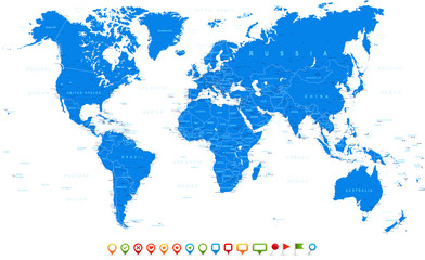 Fototapeta na wymiar Blue World Map and navigation icons - illustrationHighly detailed world map: countries, cities, water objects 