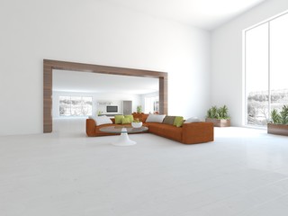 white interior design of living room -3D illustration