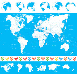 Fototapeta na wymiar World Map, Globes and Continents - illustrationVector illustration of World map and navigation icons 