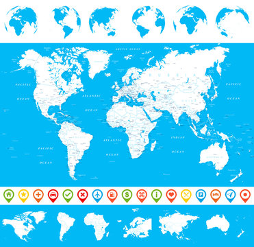 World Map, Globes and Continents - illustration


Vector illustration of World map and navigation icons
