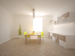 white interior design of kitchen -3D illustration