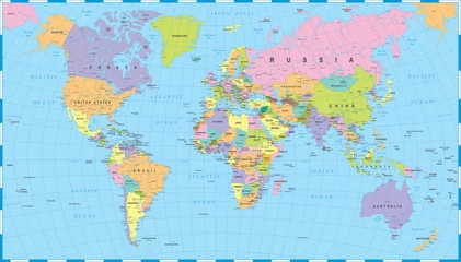 Papier Peint photo Tendances de la décoration des fenêtres Carte du monde colorée - frontières, pays et villes - illustration Illustration vectorielle colorée très détaillée de la carte du monde.