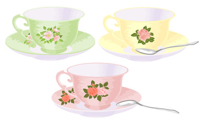 Vector set of cups of tea in vintage style.
