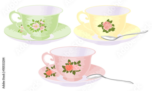 "Vector set of cups of tea in vintage style." Stock image and royalty