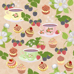 Vector seamless pattern with cups of tea, cakes, raspberries and blackberries and Apple blossoms.