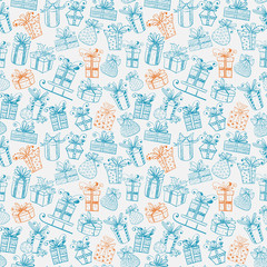 Seamless texture with blue and orange gift boxes. Can be used for wallpaper, pattern fills, textile, web page background, surface textures. Vector illustration.