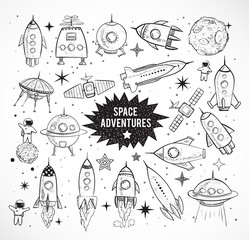 Collection of sketchy space objects isolated on white background.. Space ships, rockets, space shuttle, planets, flying saucers, astronauts etc.