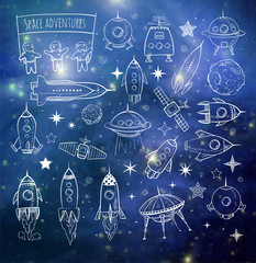 Sketchy space objects on blurred space background. Vector illustration   Elements of this image furnished by NASA.