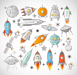 Collection of sketchy space objects isolated on white background.. Space ships, rockets, space shuttle, planets, flying saucers, astronauts etc.