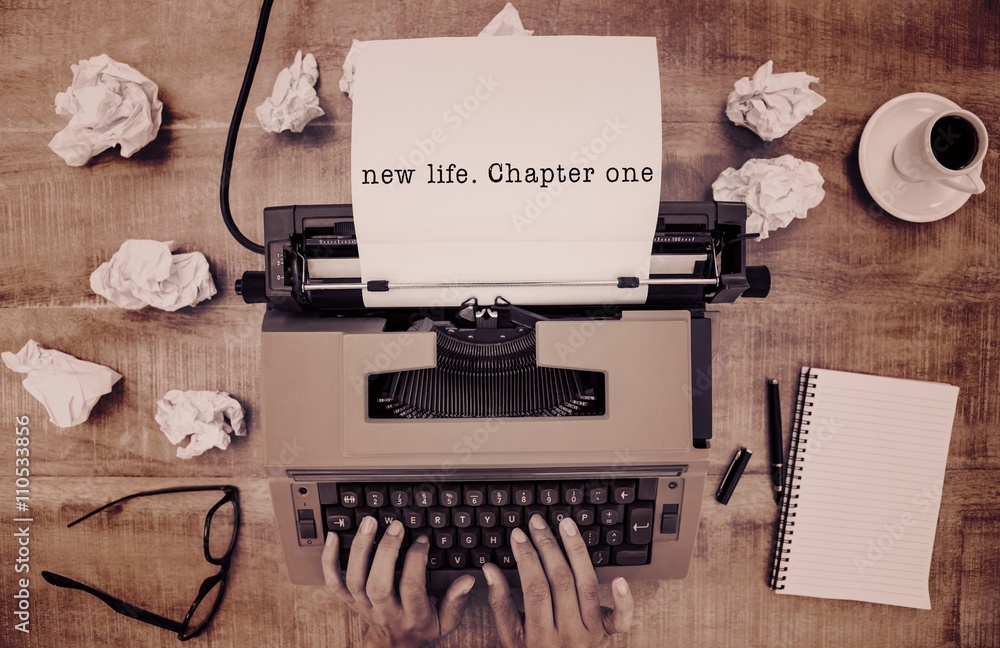 Poster composite image of new life chapter one message on a white backg