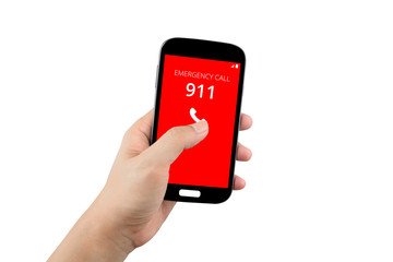 hand holding black smartphone with emergency number 911 on the screen isolated on white background...