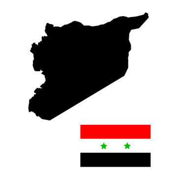 Syrian map silhouette and normal flag of Syria.