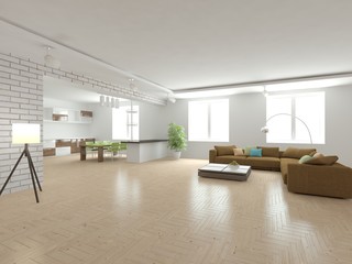 white interior design of living room -3D illustration